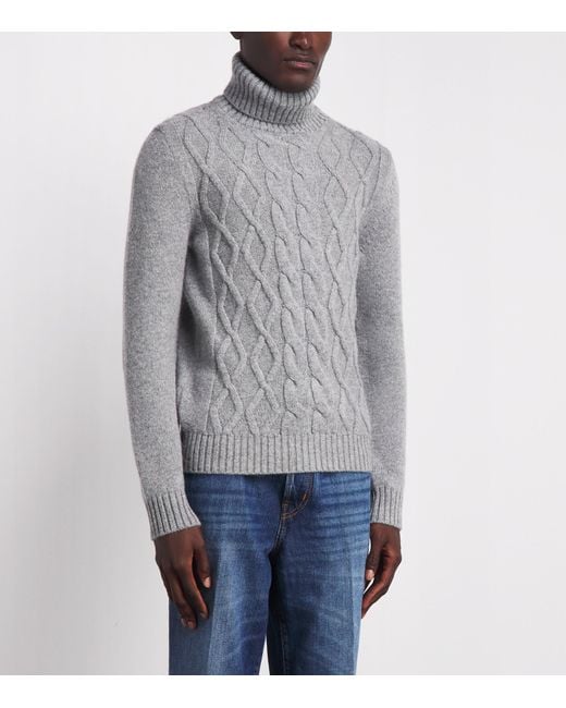 Isaia Gray Cashmere Cable-Knit Rollneck Sweater for men