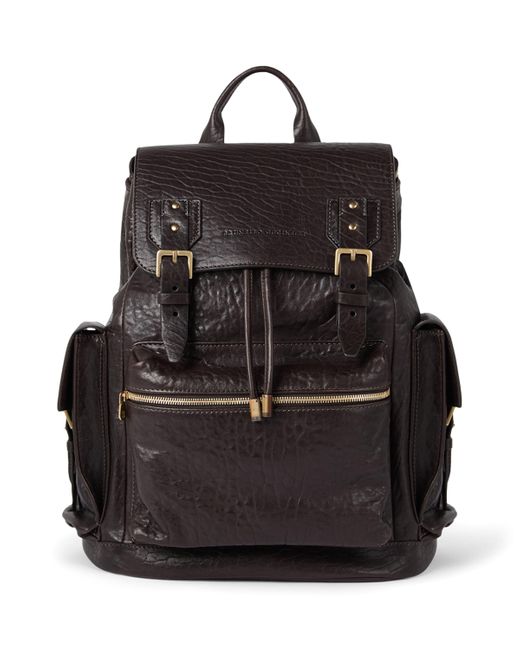 Brunello Cucinelli Black Leather Flap Closure Backpack for men