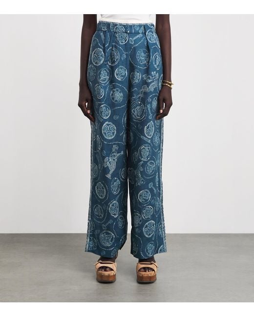 ALÉMAIS Blue Linen Printed Lucky Trousers