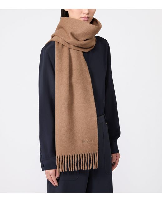 Max Mara Brown Wool Fringed Logo Scarf