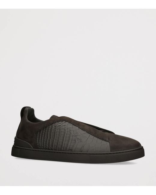 Zegna Black Crocodile Leather Triple Stitch Secondskin Sneakers for men