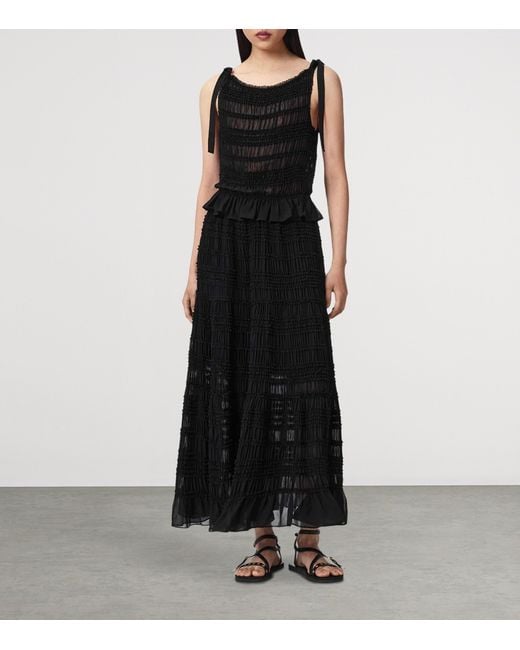 AllSaints Black Shirred Boat Neck Lotus Top