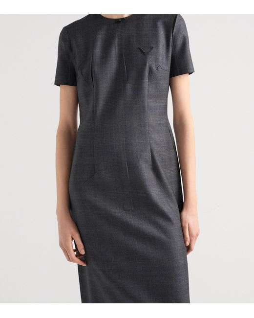 Prada Black Wool Check Midi Dress