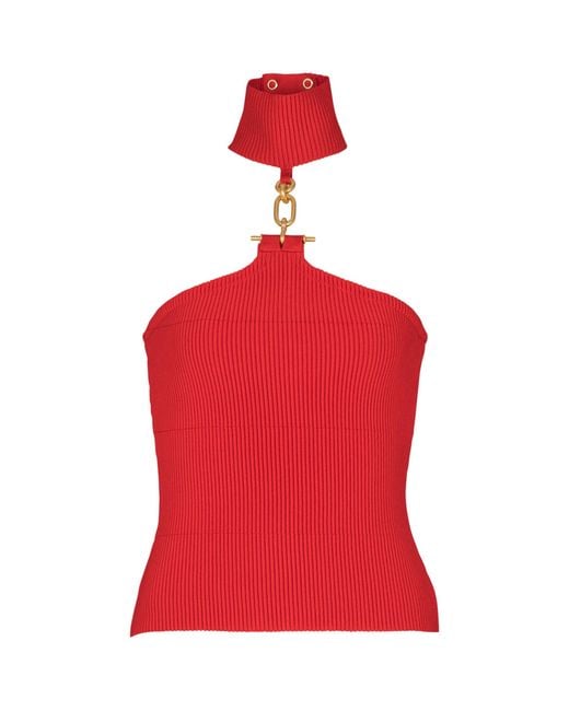 Balmain Red Sleeveless Knit Top With Embellished Detail