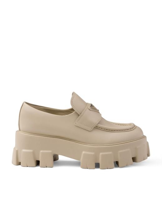 Prada Natural Monolith Logo-Plaque Leather Loafers