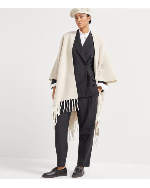 Brunello Cucinelli White Wool-Cashmere Reversible Poncho