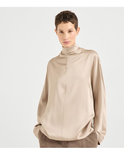 Brunello Cucinelli Natural Silk High-Neck Blouse
