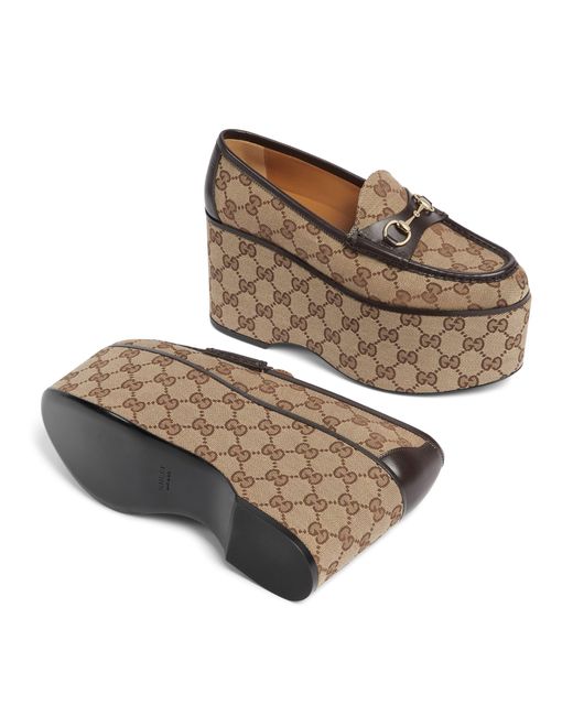 Gucci Brown Canvas Horsebit Platform Loafers