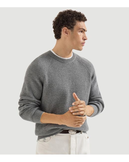 Brunello Cucinelli Gray Cashmere Ribbed Sweater for men