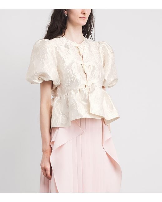 Ganni White Satin Jacquard Peplum Blouse