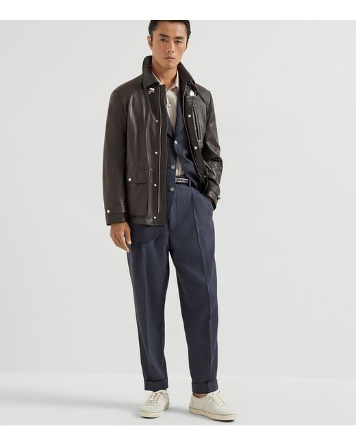 Brunello Cucinelli Black Leather Field Jacket for men