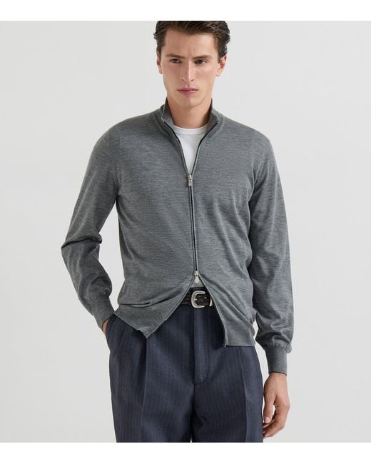 Brunello Cucinelli Gray Cashmere-Silk Cardigan for men
