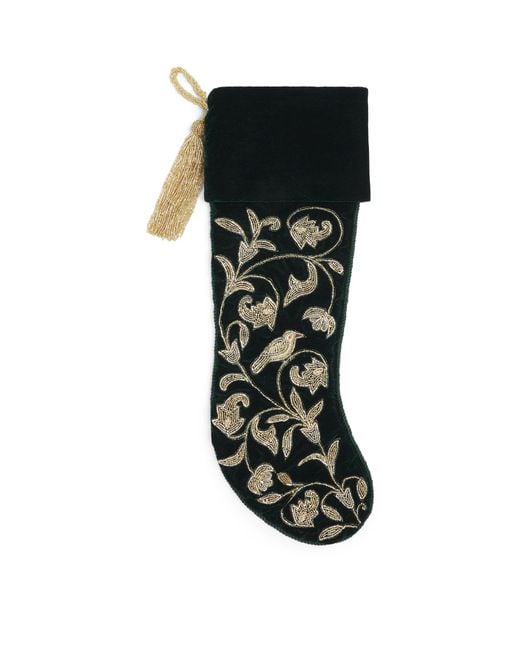 Harrods Black Velvet Embroidered Vine Stocking