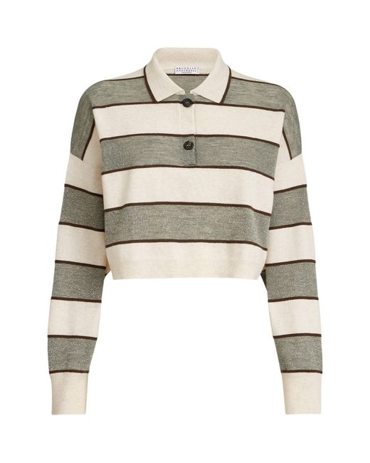 Brunello Cucinelli White Stripe Cropped Polo Sweater