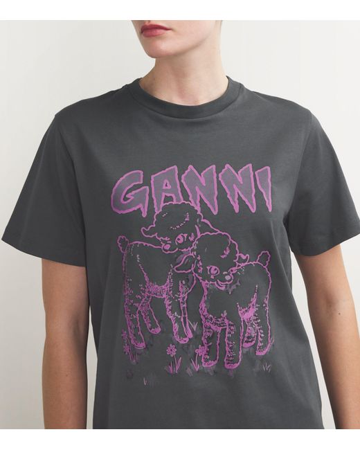 Ganni Gray Lamb Print T-shirt