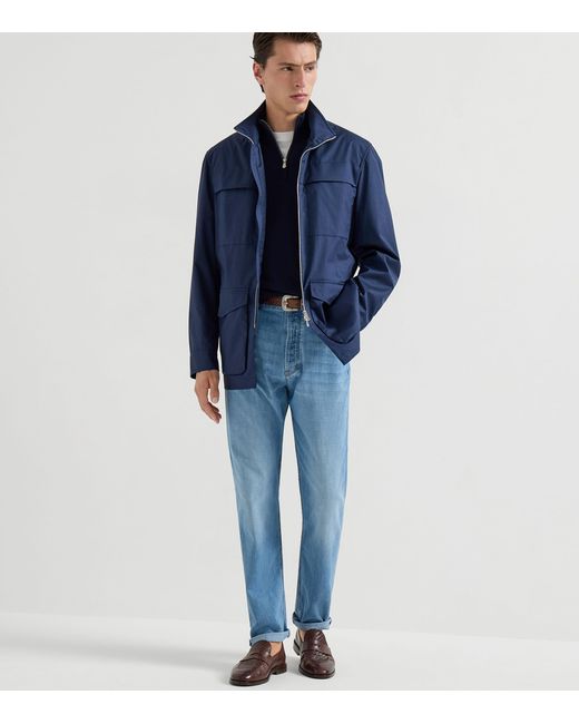 Brunello Cucinelli Blue Cashmere Quarter-Zip Sweater for men