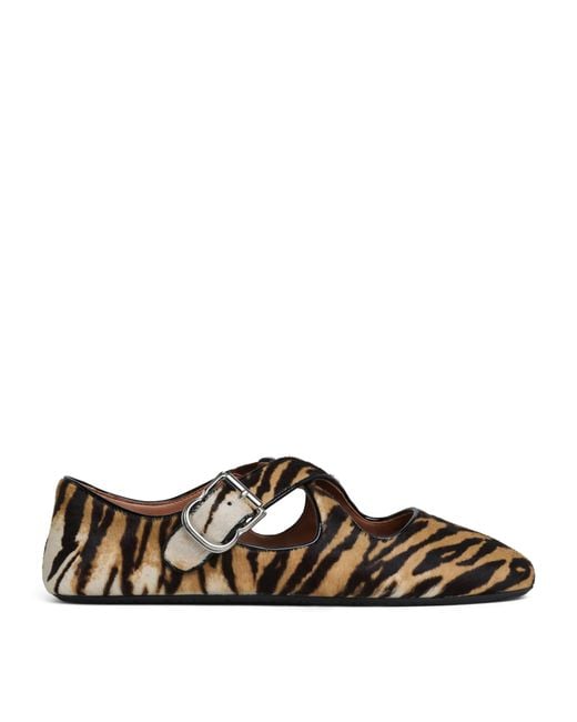 Alaïa Brown Calf Hair Tiger-Print Criss-Cross Ballet Flats