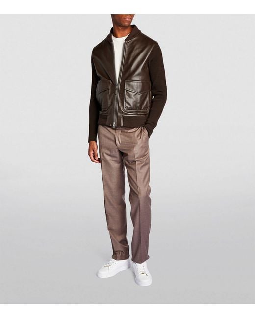 Dunhill Brown Leather-wool Bomber Jacket for men
