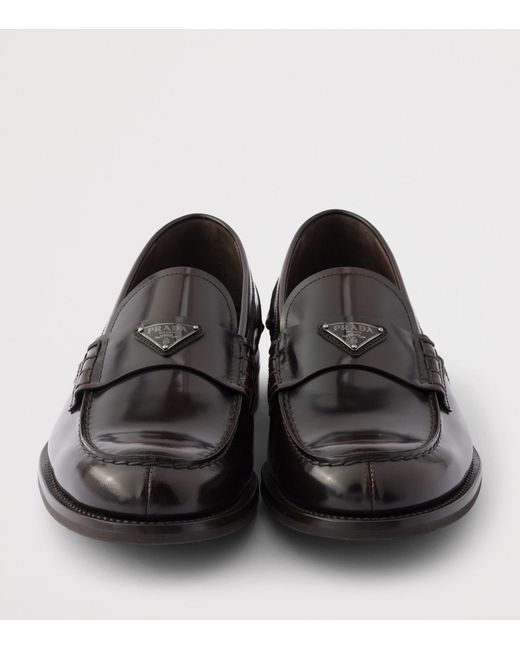 Prada Black Brushed Leather Triangle Loafers for men