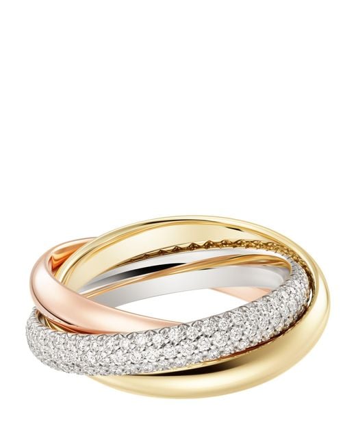 Cartier Metallic Medium White, Yellow, Rose Gold And Diamond Trinity Ring