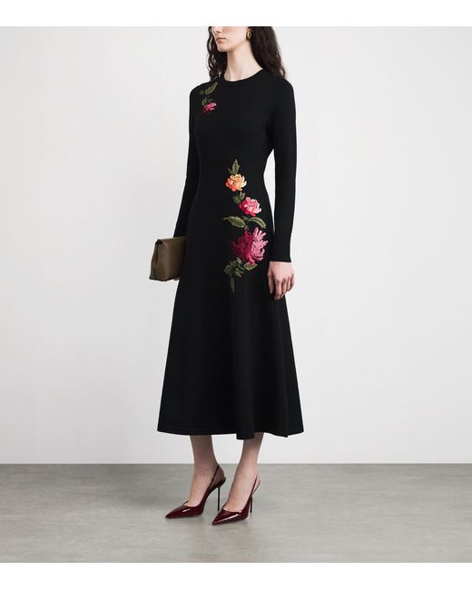 Carolina Herrera Black Virgin Wool-Silk Floral Embroidered Midi Dress