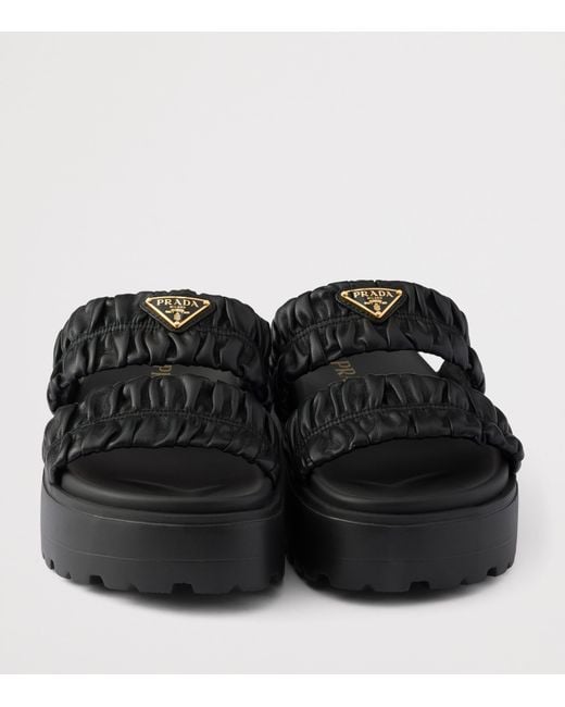 Prada Black Nappa Leather Flatform Slides 45