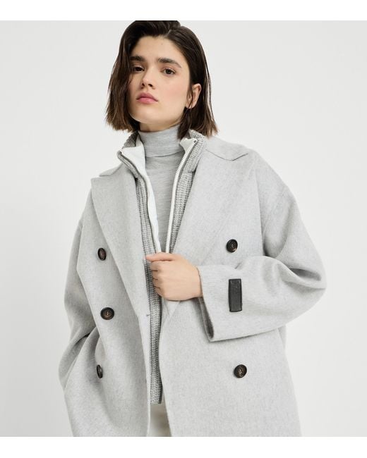 Brunello Cucinelli White Cashmere Beaver Pea Coat