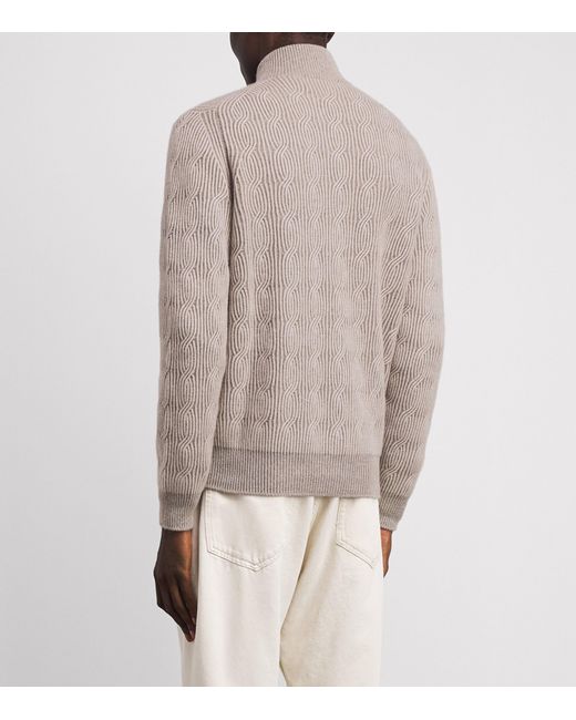 FIORONI CASHMERE Brown Cashmere Cable-Knit Zip-Up Sweatshirt for men