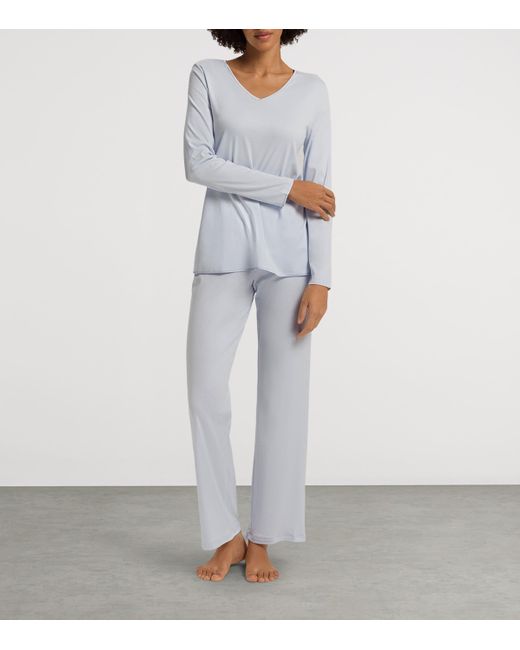 Hanro Blue Cotton Long-Sleeve Pyjama Set
