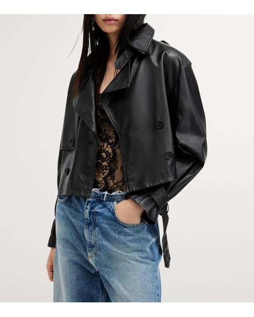 AllSaints Black Leather Cropped Hendry Trench Coat