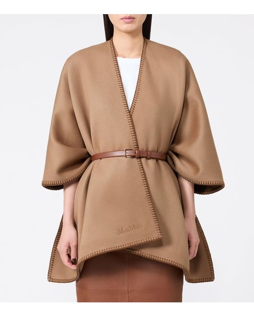 Max Mara Brown Virgin Wool Logo Cape And Belt