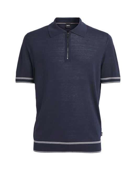 Boss Blue Linen-Blend Zip-Up Polo Shirt for men