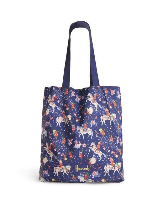 Harrods Blue Christmas Carousel Pocket Shopper Bag