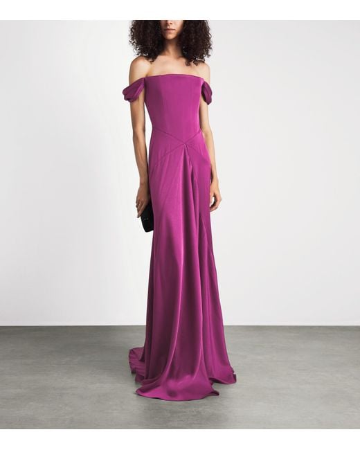 Alex Perry Purple Satin Crepe Off-Shoulder Gown