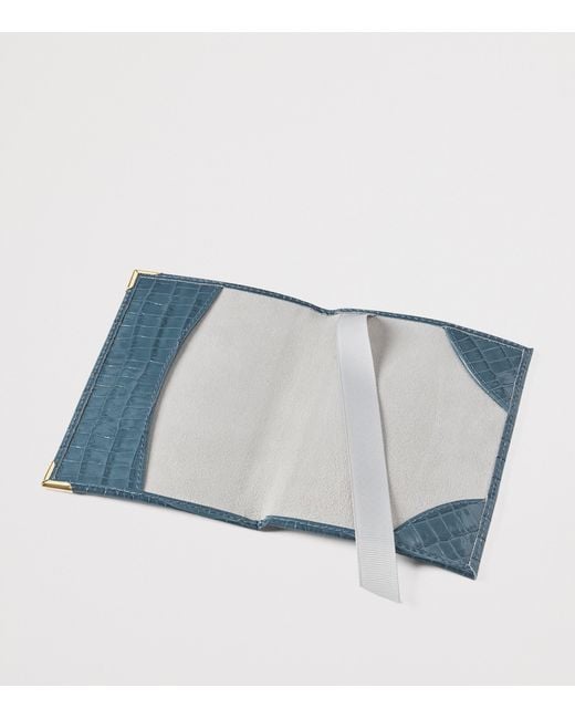 Aspinal Blue Leather Croc-Embossed Passport Cover for men