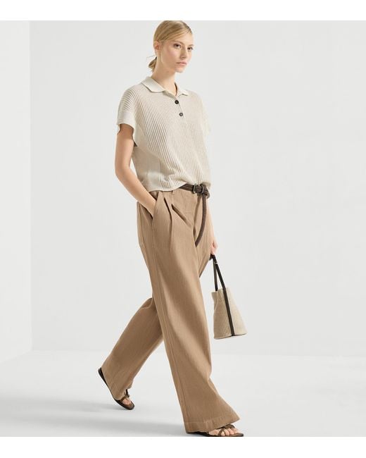 Brunello Cucinelli Natural Pleated Wide-Leg Jeans