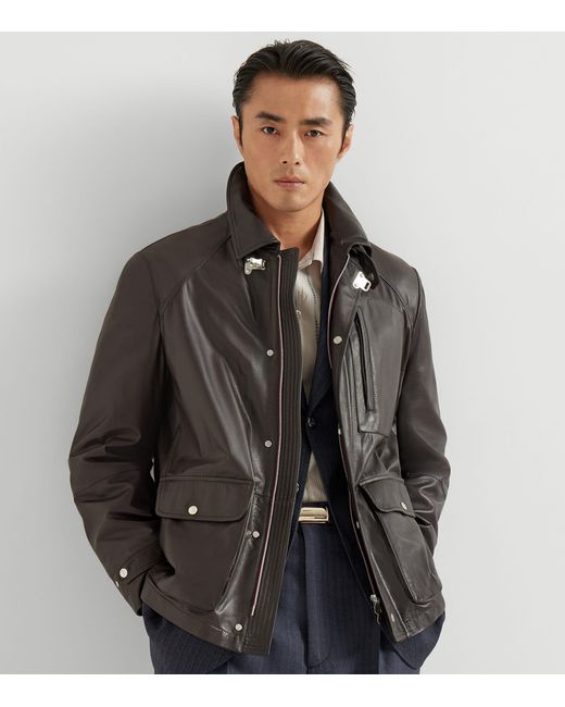 Brunello Cucinelli Black Leather Field Jacket for men