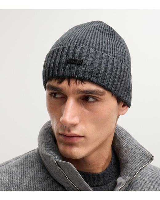 Boss Gray Virgin Wool Logo-Badge Beanie Hat for men