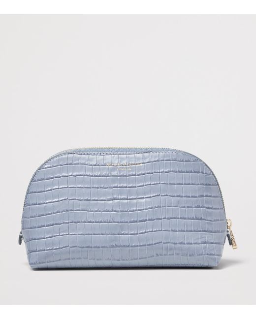 Aspinal Blue Small Leather Croc-Embossed Cosmetic Case