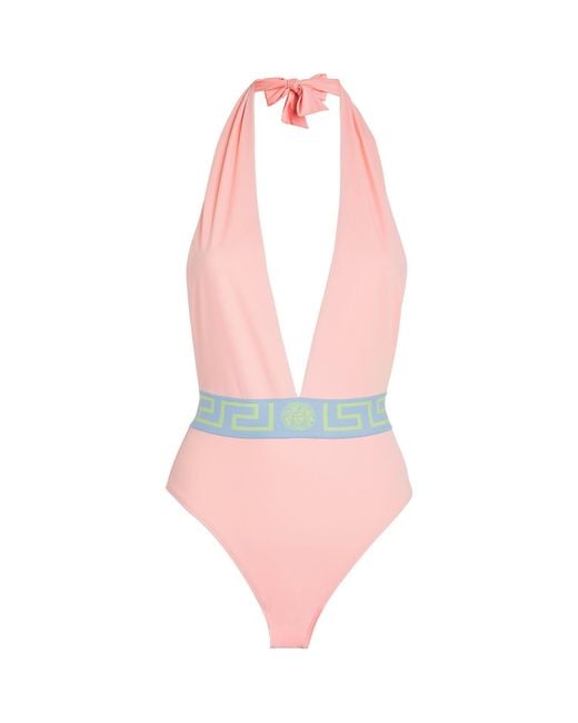 Versace Pink Greca Halterneck Swimsuit