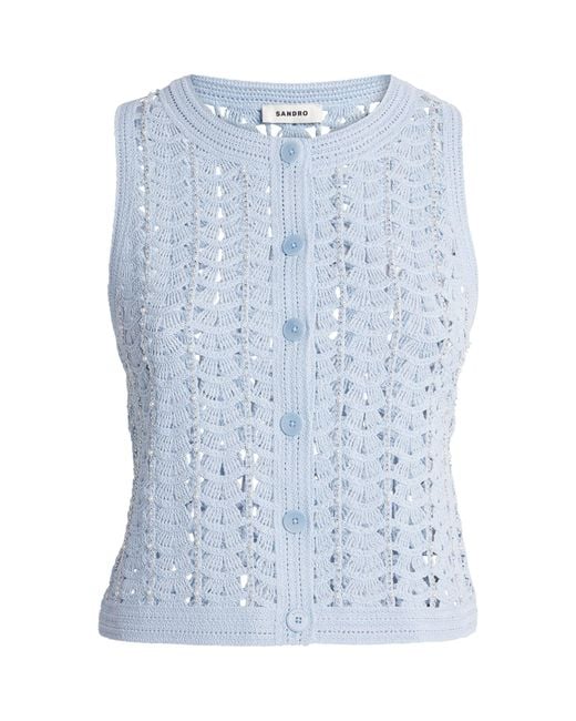 Sandro Blue Openwork Crochet Sleeveless Cardigan
