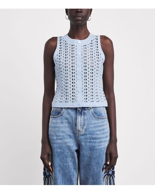 Sandro Blue Openwork Crochet Sleeveless Cardigan