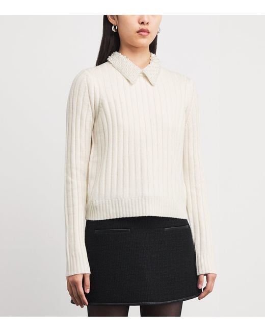 Maje White Wool-Blend Pearl-Collar Sweater