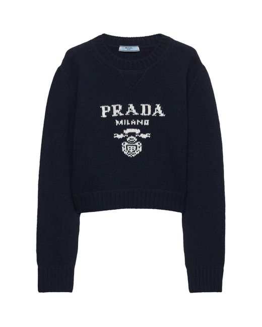Prada Blue Wool-Cashmere Logo Sweater