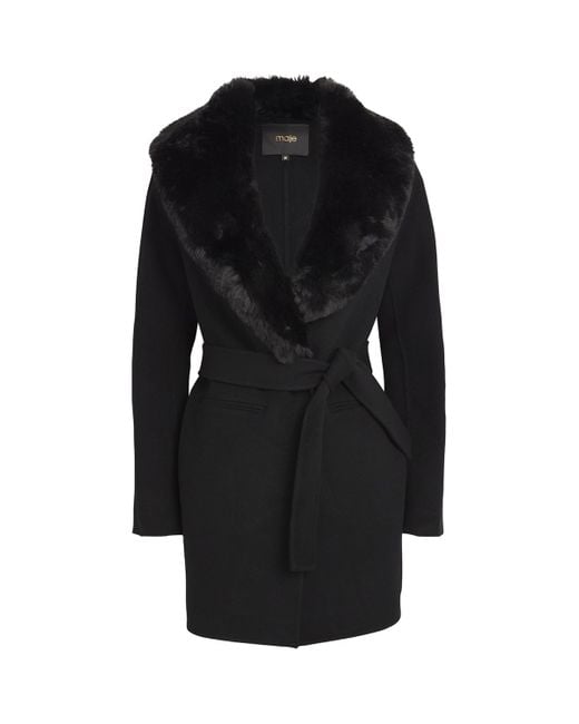 Maje Black Wool-Blend Faux Fur-Collar Coat