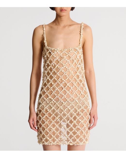 Balmain Natural Embellished Mesh Mini Dress