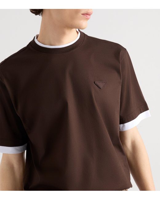 Prada Brown Double-Layer Logo T-Shirt for men