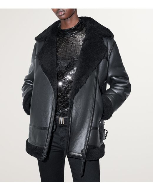 AllSaints Black Leather-Shearling Sola Jacket