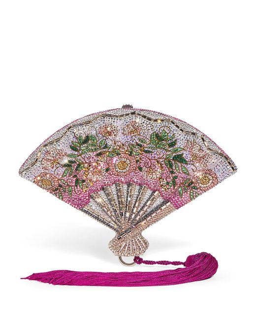 Judith Leiber Gray Embellished Blossoms Fan Clutch Bag
