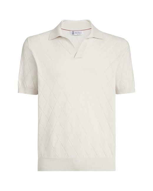 Brunello Cucinelli White Cotton Diamond-Knit Johnny Collar Polo Shirt for men